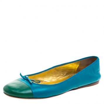 Pre Owned Prada Blue Color Block Leather Bow Detail Ballet Flats Size 36.5