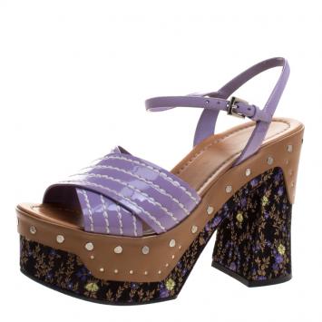 Pre Owned Prada Purple Patent Leather and Floral Jacquard Clog Platform Sandals Size 38.5