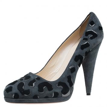 Pre Owned Prada Grey Leopard Print Suede Almond Toe Platform Pumps Size 39.5