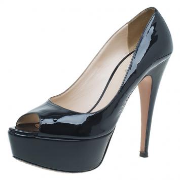 Pre Owned Prada Black Patent Peep Toe Platform Pumps Size 41