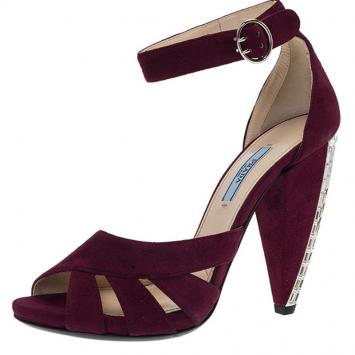 Pre Owned Prada Burgundy Suede Crystal Heel Ankle Strap Sandals Size 39 