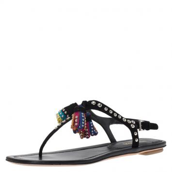 Pre Owned Prada Black Studded Suede Tassel Thong Sandals Size 37.5