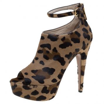 Pre Owned Prada Brown Leopard Print Calf Hair Peep Toe Ankle Strap Platform Boots Size 39