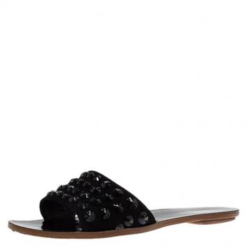 Pre Owned Prada Black Suede Studded Flat Slides Size 38.5