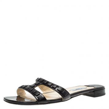 Pre Owned Prada Black Patent Slides Size 38