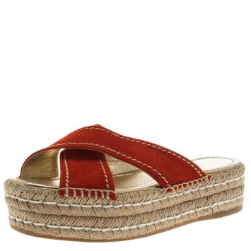 Pre Owned Prada Red Suede Cross Strap Espadrille Platform Slides Size 38.5