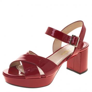 Pre Owned Prada Red Patent Leather Criss Cross Ankle Strap Block Heel Platform Sandals Size 38