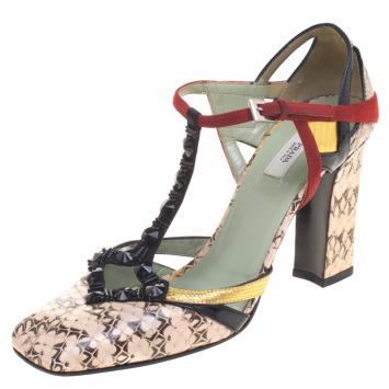 Pre Owned Prada Multicolor Python, Leather and Suede T Strap Block Heel Pumps Size 36 