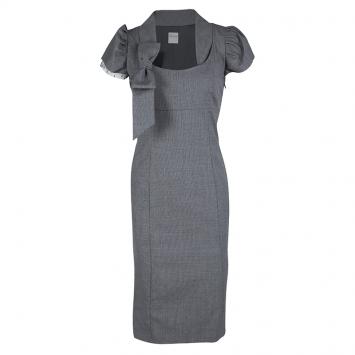 Pre Owned RED Valentino Grey Mini Houndstooth Bow Detail Cap Sleeve Wool Dress S