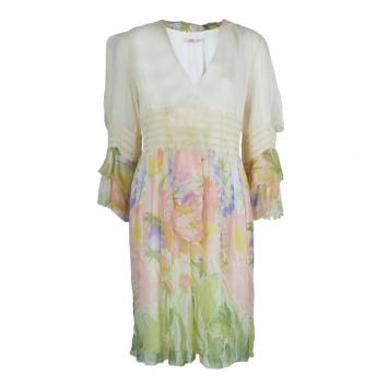 Pre Owned Red Valentino Multicolor Floral Printed Chiffon Smocking Detail Long Sleeve Dress M