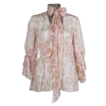 Pre Owned Red Valentino Blush Pink Polka Dot Print Crinkled Chiffon Smocking Detail Sheer Blouse M