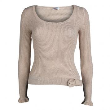 Pre Owned RED Valentino Beige Lurex Rib Knit Bow Detail Fitted Sweater M