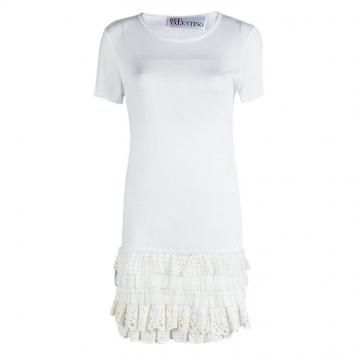 Pre Owned Red Valentino White Lace Frill Detail Short Sleeve Dress M