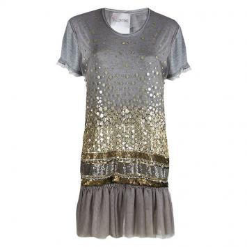 Pre Owned RED Valentino Grey Embellished Mesh Overlay Ruffle Bottom Dress S