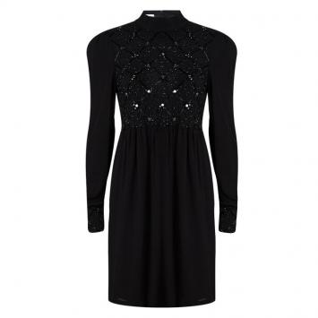 Pre Owned Red Valentino Black Embellished Mandarin Collar Long Sleeve Dress M