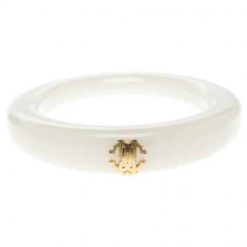 Pre Owned Roberto Cavalli Gold Tone Logo White Resin Wide Bangle