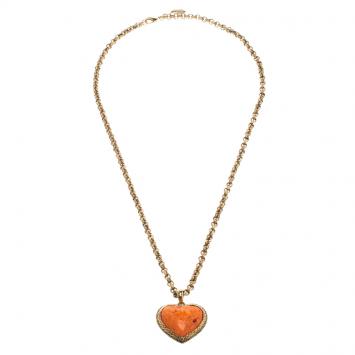 Pre Owned Roberto Cavalli Orange Heart Pendant Gold Tone Long Necklace