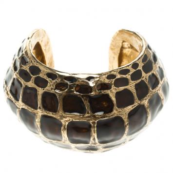 Pre Owned Roberto Cavalli Brown Enamel Gold Tone Open Cuff Bracelet 17cm