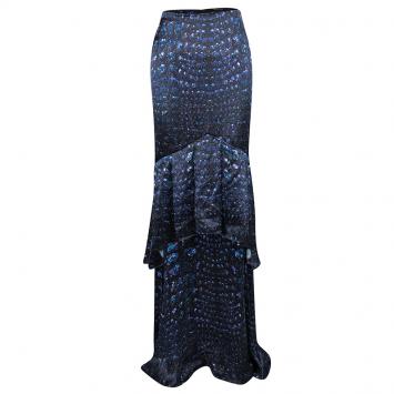 Pre Owned Roberto Cavalli Multicolor Printed Silk Satin Ruffle Detail Maxi Skirt M