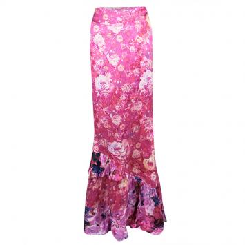 Pre Owned Roberto Cavalli Pink Satin Floral Print Ruffled Bottom Maxi Skirt L
