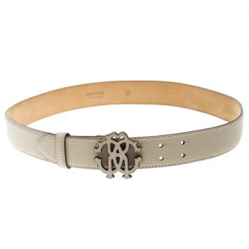 Pre Owned Roberto Cavalli Beige Leather Logo Buckle Belt 80CM