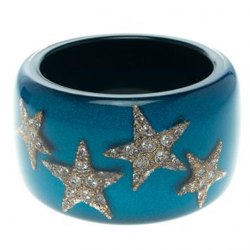 Pre Owned Roberto Cavalli Crystal Star Blue Resin Wide Cuff Bangle 20cm