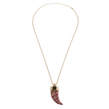 Pre Owned Roberto Cavalli Pink Enamel Gold Tone Horn Pendant Necklace