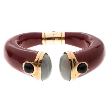 Pre Owned Roberto Cavalli Red Enamel & Cabochon Stone Open Cuff Bracelet 17cm