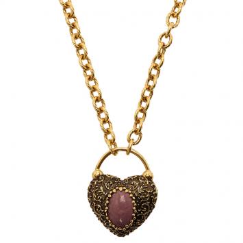 Pre Owned Roberto Cavalli Pink Stone Heart Gold Tone Pendant Necklace