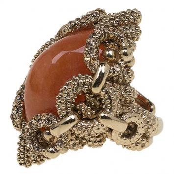 Pre Owned Roberto Cavalli Orange Cabochon Octopus Gold Tone Ring Size 52