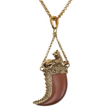 Pre Owned Roberto Cavalli Brown Leather Tooth Gold Tone Pendant Necklace