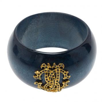 Pre Owned Roberto Cavalli Gold Tone Crystal Logo & Blue Lacquered Wide Bangle 19cm