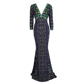 Pre Owned Roberto Cavalli Multicolor Snakeskin Printed Long Sleeve Maxi Dress M