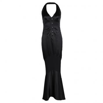 Pre Owned Roberto Cavalli Black Silk Halter Neck High Low Corset Gown L