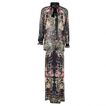 مملوكة مسبقًا Roberto Cavalli Black Floral Printed Silk Tassel Detail Blouse and Skirt Set S