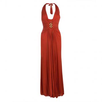 Pre Owned Roberto Cavalli Red Knit Plunge Neck Embellished Waist Ruched Halter Gown S