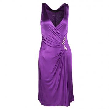 Pre Owned Roberto Cavalli Purple Knit Embellished Waist Detail Draped Sleeveless Dress S