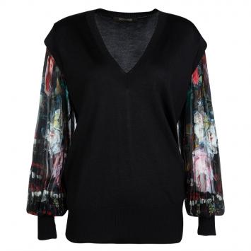 مملوكة مسبقًا Roberto Cavalli Black Silk Knit Contrast Pleated Long Sleeve Detail Top L