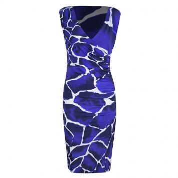 Pre Owned Roberto Cavalli Blue Printed Knit Ruched Draped Sleeveless Dress M
