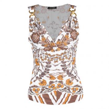 مملوكة مسبقًا Roberto Cavalli Multicolor Printed Gold Ring Detail Sleeveless Gathered Top S