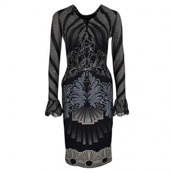 Pre Owned Roberto Cavalli Black Printed Knit Ruched Long Sleeve Dress M