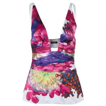 Pre Owned Roberto Cavalli Floral Silk Pleated Top M
