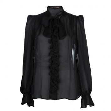 Pre Owned Roberto Cavalli Black Floral Applique Detail Silk Blouse M