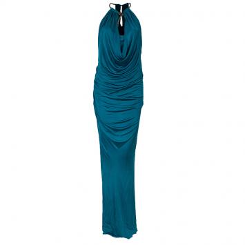 Pre Owned Roberto Cavalli Peacock Blue Knit Jewelled Snake Necklace Detail Evening Gown M