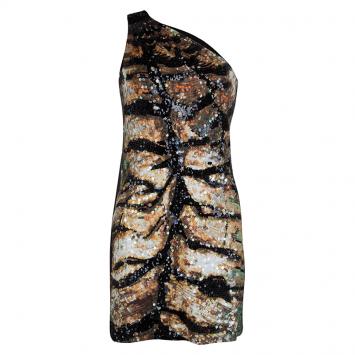 Pre Owned Roberto Cavalli Multicolor Knit Sequin Embellished One Shoulder Dress L