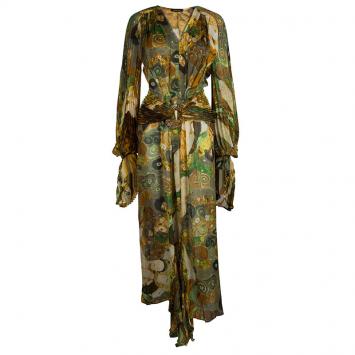 Pre Owned Roberto Cavalli Multicolor Pleated Silk Belted Maxi Dress M