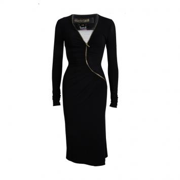 Pre Owned Roberto Cavalli Black Knit Long Sleeve Zip Detail Dress XS