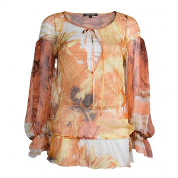 Pre Owned Roberto Cavalli Orange Printed Chiffon Sheer  Long Sleeve Blouse S