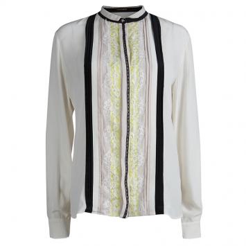 Pre Owned Roberto Cavalli Cream Silk Pintucked Lace Trim Blouse M