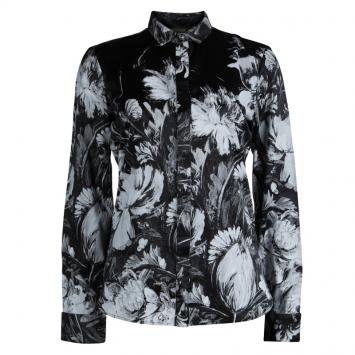 Pre Owned Roberto Cavalli Monochrome Floral Printed Silk Shirt S